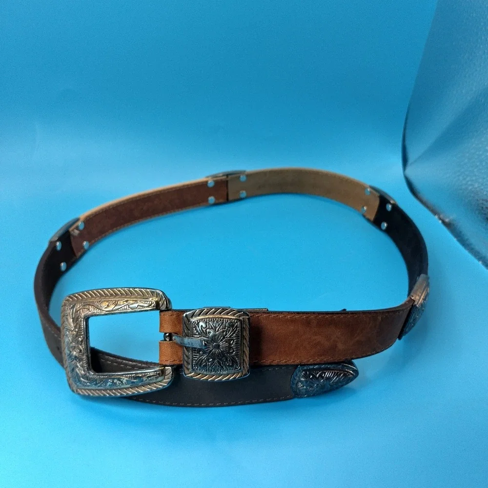 Brighton Brown Leather Western Belt Silver Engraved Floral Hardware Vintage 1994